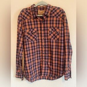 Wrangler Men's Retro Navy & Orange Plaid Snap Long Sleeve Western Shirt SizeXXL.